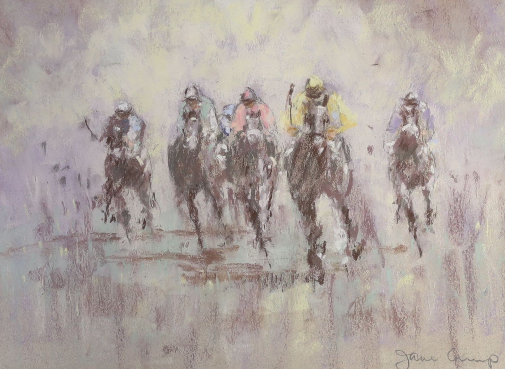 Jane Camp, pastel, Horse racing scene, signed, 24 x 33cm